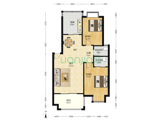 南美上景A区 2室1厅2卫 93平方