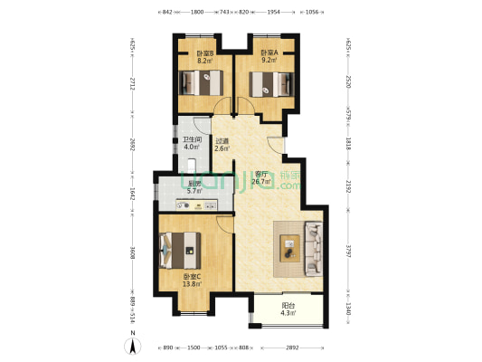 云有山苑 3室1厅1卫 89平方