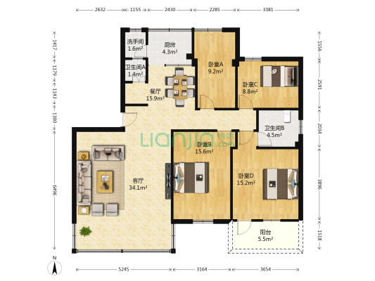 甘泉街13号 4室2厅3卫 109平方
