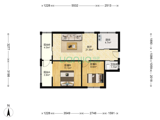 东路三小区 2室1厅1卫 66平方
