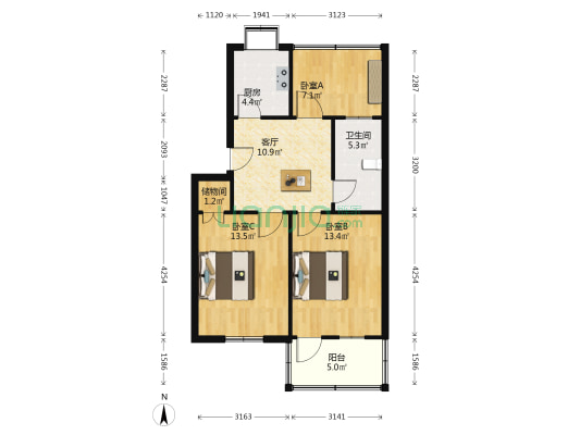 宿州路304号 3室1厅1卫 69平方