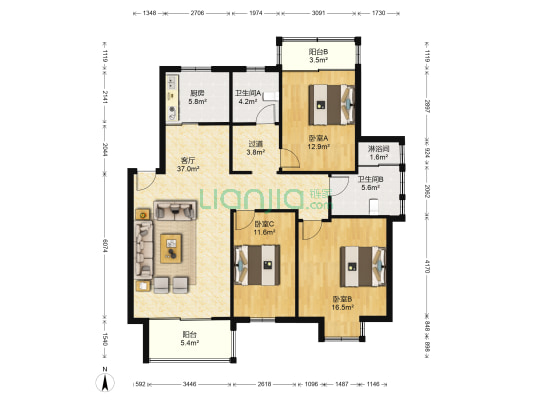 汇景新城 3室1厅3卫 129平方