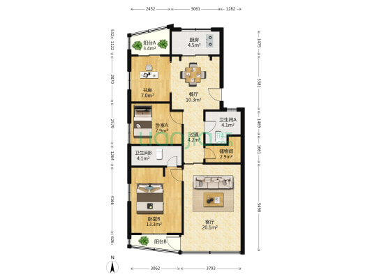 云浦花园 3室2厅2卫 97平方