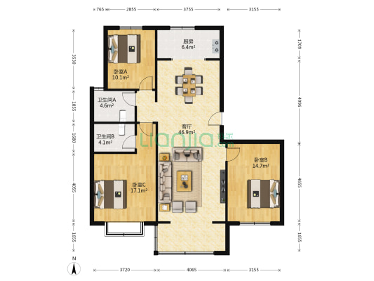 瑞岭名郡东区 3室1厅2卫 137平方