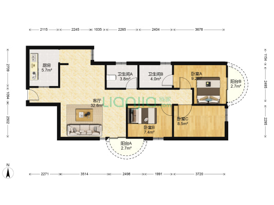 渝景湾花园四期 3室1厅2卫 96平方