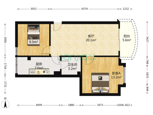 冠庭园 2室1厅1卫 66平方