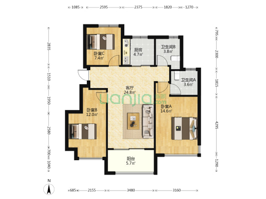 祥生湛景笛旸府 3室1厅2卫 93平方