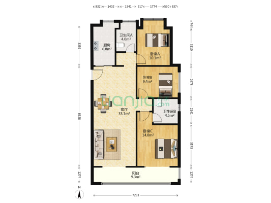 龙湖光谷城香颂 3室1厅2卫 124平方