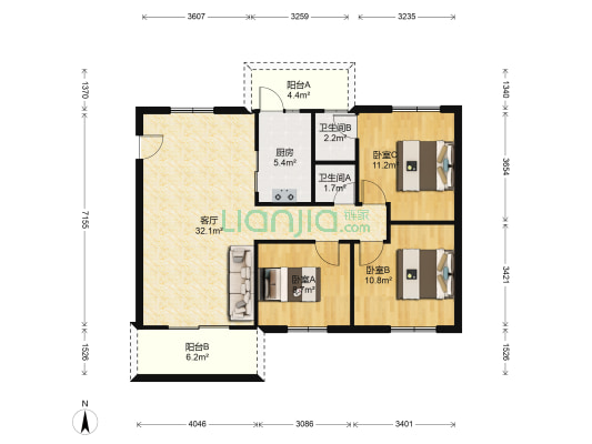 东盛花园 3室1厅2卫 90平方