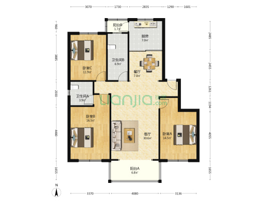怡泰家苑 3室2厅2卫 128平方