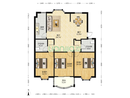 笛扬路 3室2厅2卫 120平方