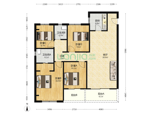 天鹅港华庭一区 4室1厅2卫 130平方