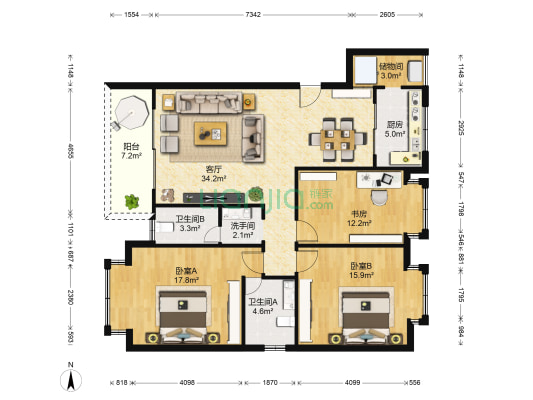 海岛阳光二期 3室1厅3卫 121平方
