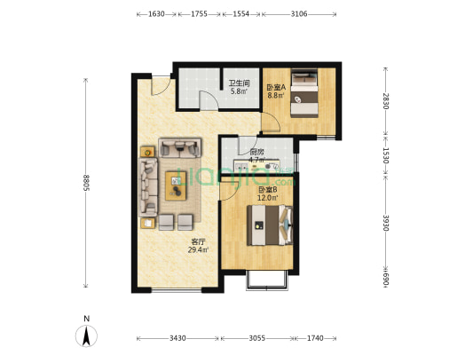 107国道旁三利中和城全阳两居出售房本在手随时过户-户型图