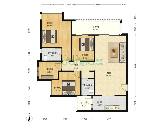 北辰悦来壹号星悦 4室1厅2卫 135平方