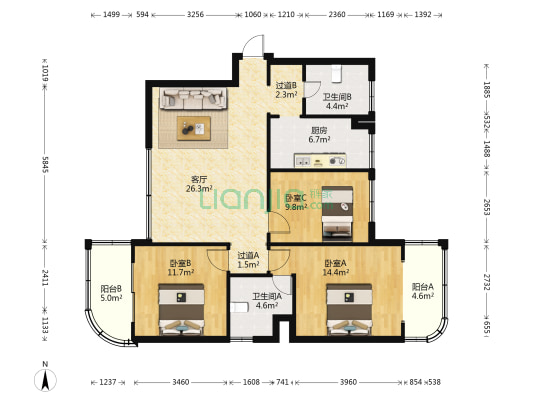 仙乐花园 3室1厅2卫 129平方