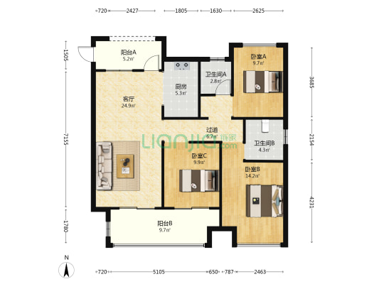 同昇东湖玫瑰 3室1厅2卫 118平方