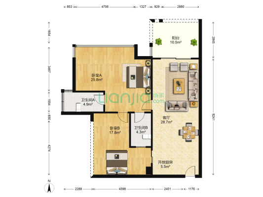 天健城 2室1厅2卫 91平方
