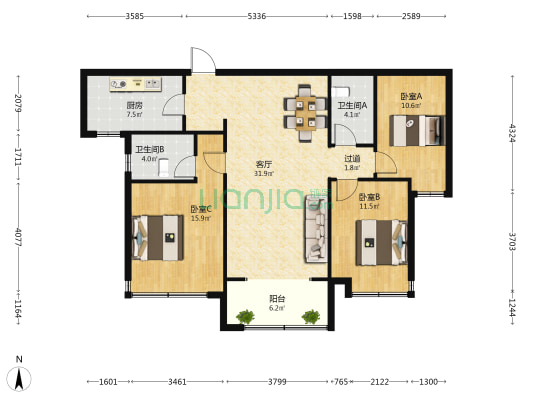 时代城 3室1厅2卫 129平方