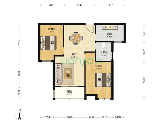 同曦鸣城文昌府 2室1厅1卫 92平方