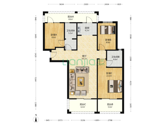 华南城中园二组团 3室1厅2卫 126平方