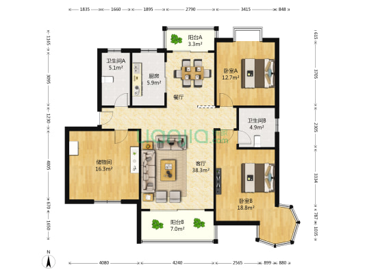 凤凰城凤鸣苑 2室1厅2卫 132平方