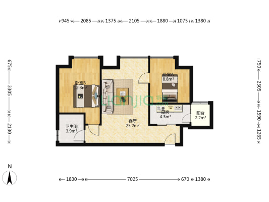 旌都银座 2室1厅1卫 70平方