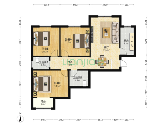 三府湾天润佳苑北区 3室1厅2卫 118平方