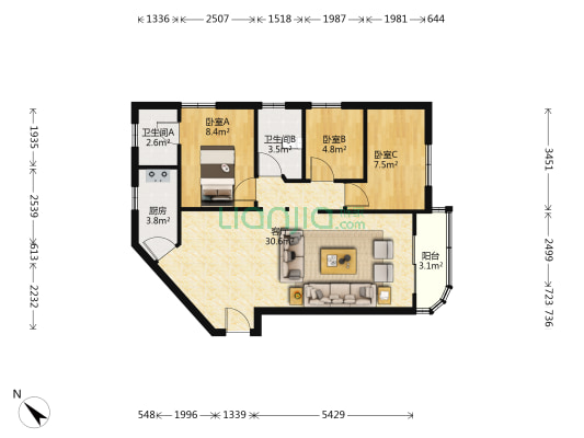 帝都花园四期 3室1厅2卫 86平方