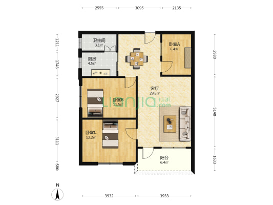 河南新村 3室1厅1卫 90平方