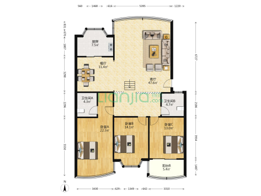 燕开花园 3室2厅2卫 155平方