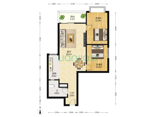 海岸经典 2室1厅1卫 90平方