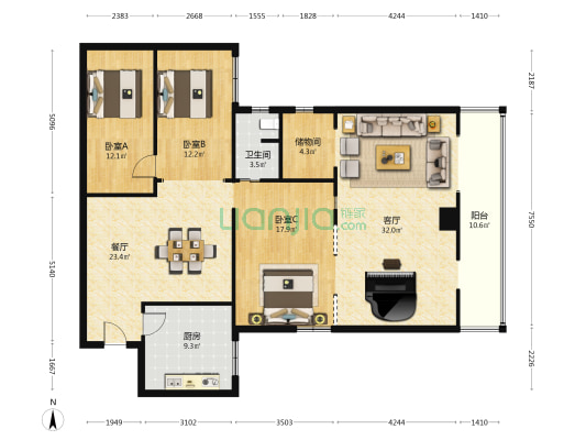 云天大厦 3室2厅1卫 170平方
