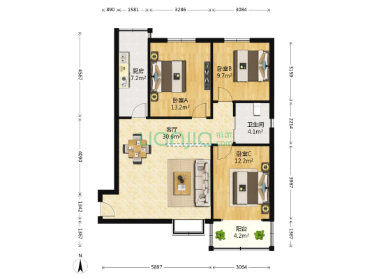 青园小区 3室1厅1卫 116平方