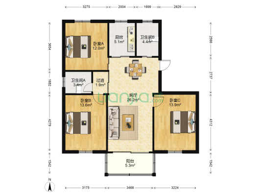 漕泾新村六区 3室1厅2卫 105平方