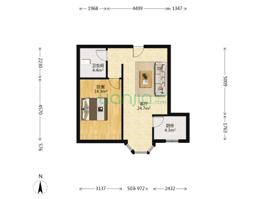 名流五期集中供暖一层，出门德信公园-户型图