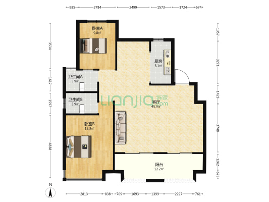 丽丰铂羽公馆 2室1厅2卫 117平方