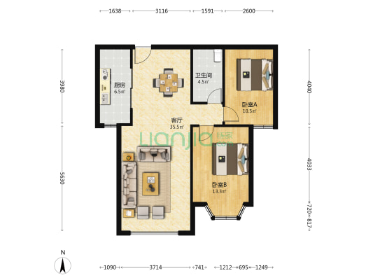 钻石广场，全南两居室，无遮挡，满二，简装，看房方便-户型图