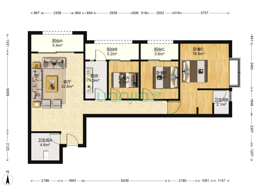昆明恒大翡翠华庭 3室1厅2卫 115平方