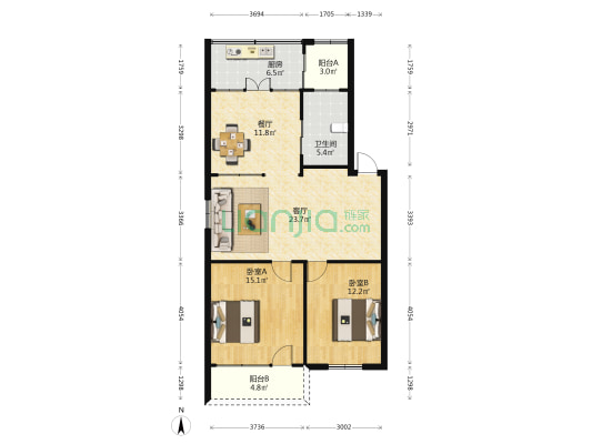 福利院宿舍 2室2厅1卫 102平方