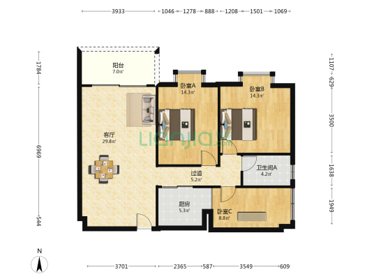 恒宇新苑 3室1厅1卫 106平方