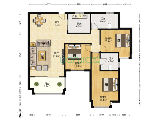 世纪城龙泽苑南区 3室2厅2卫 136平方