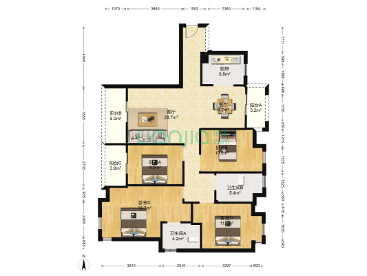 东方骏园 4室2厅2卫 133平方