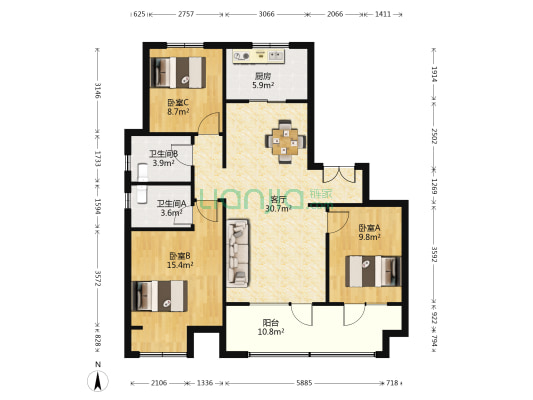 保利观堂西区 3室1厅2卫 119平方
