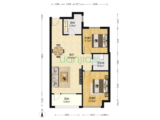 金普广场二期 2室1厅1卫 90平方