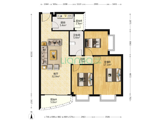 俊景花园凤凰庭 3室1厅1卫 104平方