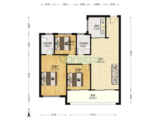 悦茏雅苑 2室1厅2卫 105平方