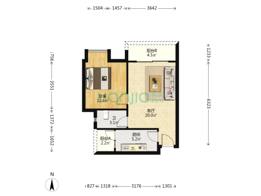 江北区蓝色经典一室一厅，户型方正，朝中庭，住家安静-户型图