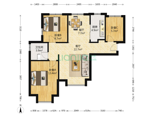 旺城温莎郡 3室2厅1卫 91平方