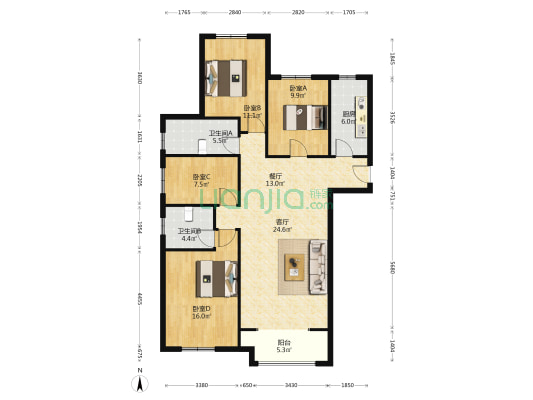 天明城名仕公馆 4室2厅2卫 144平方